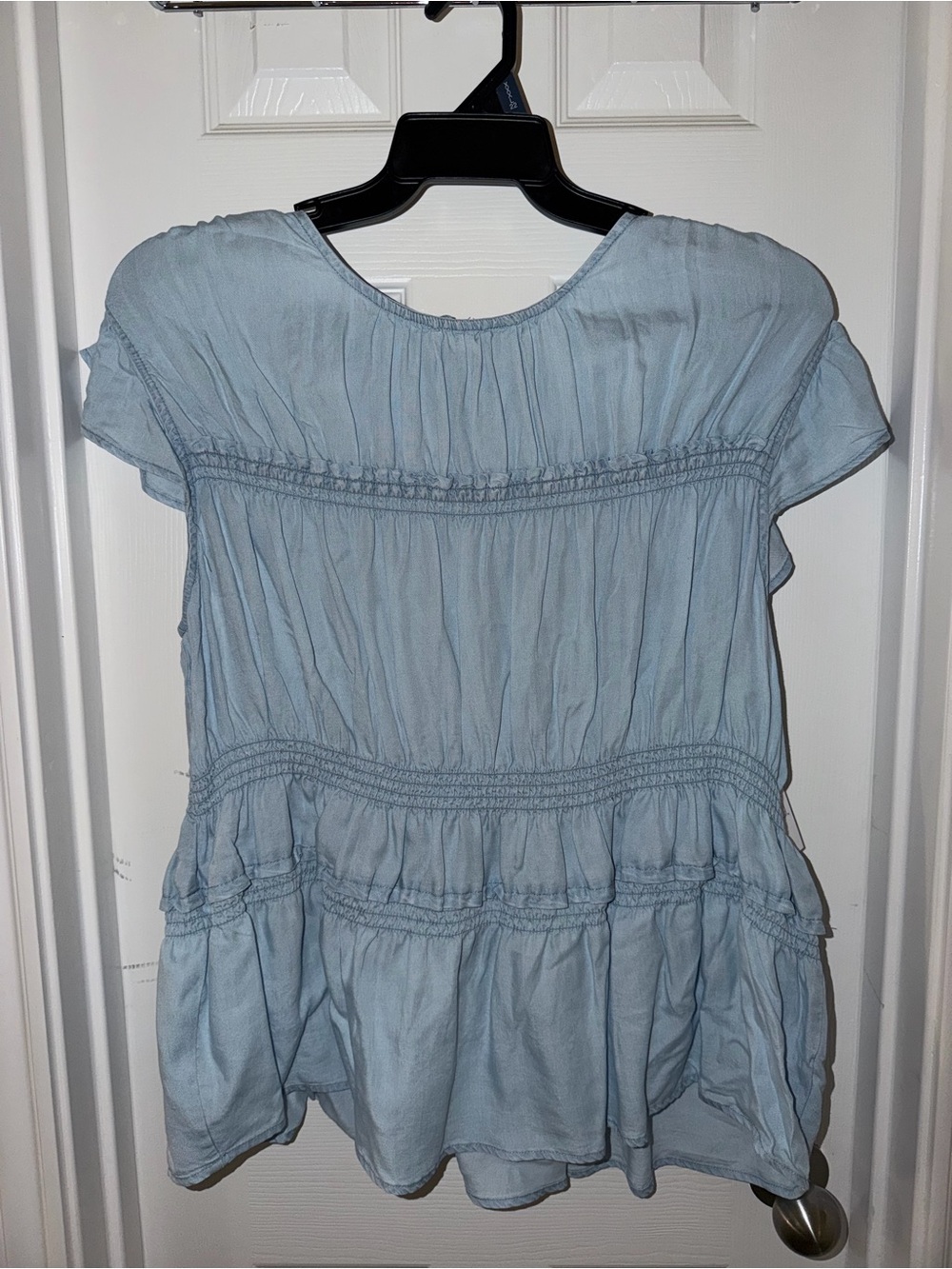 Time and Tru Light Blue Short Sleeve Ruffled Peasant Blouse